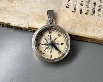 Antique Silver Compass Pendant, French Religious Compass Fob