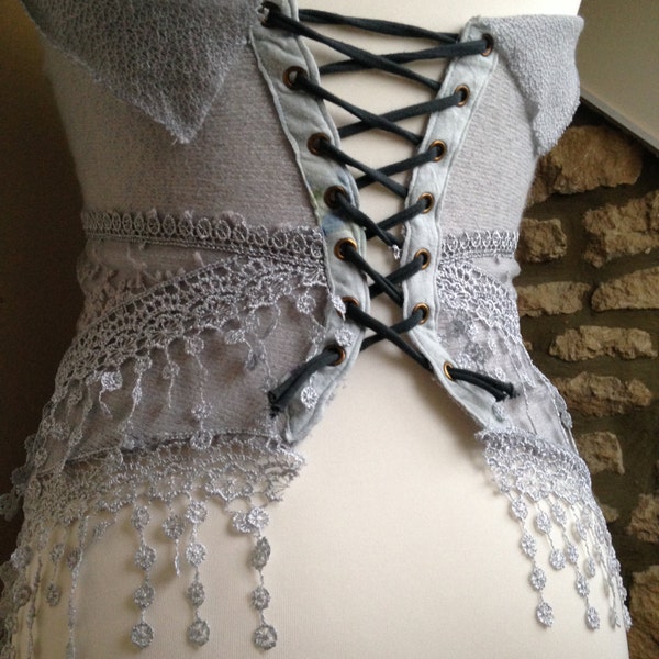 SALE - Pixie, Fairy, Gypsy, Silvery Gray, Corset style, Tassle Top, Hip Scarf, Skirt, Belt, 4 Way Multi Garment