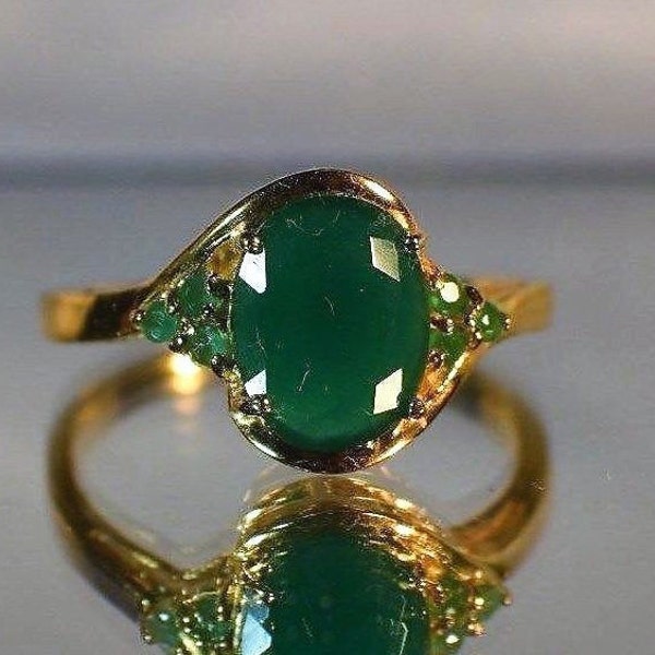 2.67 ct.  9x7mm Indian Emerald in 14k Yellow Gold over .925 Sterling Silver Cocktail Dinner Statement Gypsy Ring  Premium Simulated