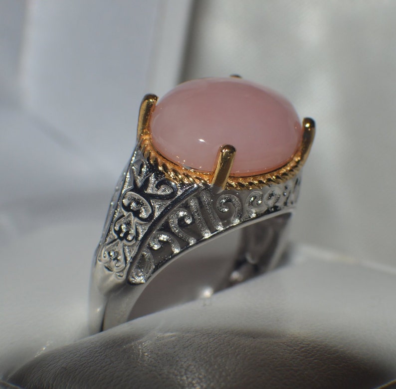 Natural Gemstone Genuine Peruvian Pink Opal Oval 16x12 mm Cabochon set in platinum over sterling silver Cocktail Ring 6.60ct