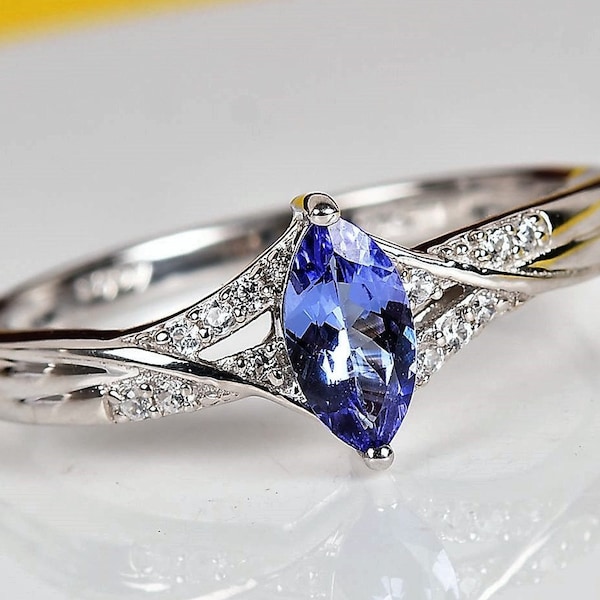 AAA Tanzanite an White Sapphire in Platinum over .925 Sterling Silver Ring Size  5 , 6 , 7 , 8 , 9 an 10  Premium Simulated