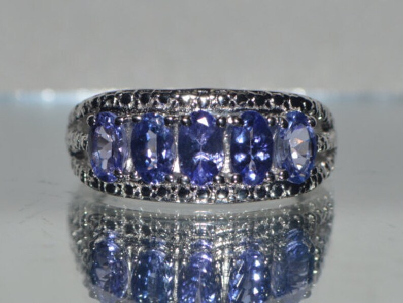 1.15ct Naural Tanzanite Cocktail Ring in Platinum over .925 Sterling Silver Size 5 an 6
