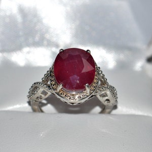 High Quality 4 Carat 10x12mm Natural Genuine African Red Ruby With 2 small Diamonds in 14K White Gold Overlay Sterling Silver Size 6
