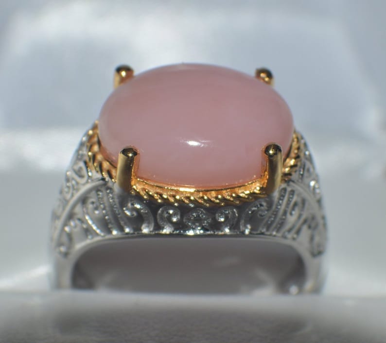Natural Gemstone Genuine Peruvian Pink Opal Oval 16x12 mm Cabochon set in platinum over sterling silver Cocktail Ring 6.60ct