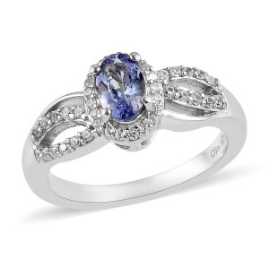 6X4mm Natural Genuine AA Tanzanite an White Topaz in Platinum over .925 Sterling Silver Ring Size 8 an 9