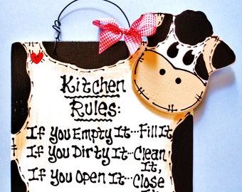 COW KITCHEN RULES Sign Country Style Wall Plaque Wood Crafts Barnyard Farm Decor Wood Wooden  Door Hanger