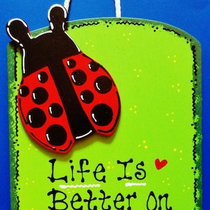 Life Is Better On The Porch LADYBUG SIGN Deck Pool Tiki Backyard Patio Porch Wall Plaque Handcrafted Hand Painted Wood Wooden  Door Hanger