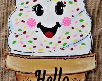 Hello Summer ICE CREAM CONE Wall Plaque Home Family Deck Patio Door Summer Wood Wooden Hanger Handcrafted Hand Painted Wreath Embellishment