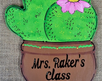 Personalize CACTUS TEACHER SIGN Name Plaque School Class Classroom Wall Hanger Decor Handcrafted Hand Painted Wood Wooden Door Hanger