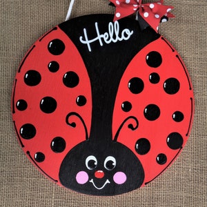Hello LADYBUG Welcome Circle Sign Handcrafted Hand Painted Wall Art Door Plaque Wreath Attachment Country Decor Wood Wooden Door Hanger