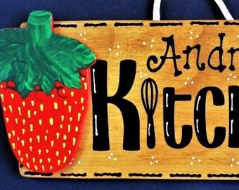 Personalize STRAWBERRY KITCHEN Name SIGN Wall Hanger Hanging Plaque Country Wood Crafts Handcrafted Strawberries Decor Wood Wooden