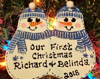 Personalize COUPLE ORNAMENT Our First Christmas Snowmen U Choose NAME & Year Winter Gift Decor Decor Handcrafted Handpainted Wood Wooden