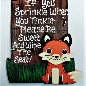 OUTHOUSE Sprinkle Tinkle FOX Woodland Animal SIGN Woods Bathoom Bath Rustic Plaque Handcrafted Country Wood Crafts Wood Wooden  Door Hanger