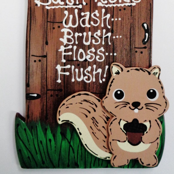 OUTHOUSE Bath Rules SQUIRREL Woodland Animal SIGN Bathoom Bath Rustic Plaque Handcrafted Country Wood Crafts Wood Wooden  Door Hanger