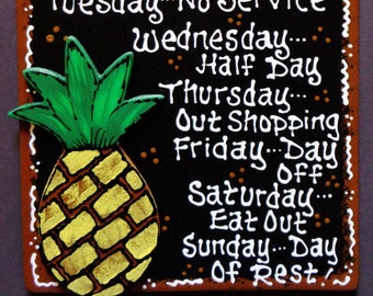 PINEAPPLE OVERLAY Kitchen Operating Hour SIGN Plaque Tropical Hawaiian Decor Wood Wooden  Door Hanger