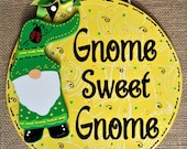 Spring Summertime Ladybug GNOME SWEET GNOME Circle Sign Wall Door Hanger Plaque Family Country Decor Handcrafted Hand Painted Wood Wooden