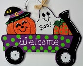 Welcome HALLOWEEN Ghost Witch Hat Pumpkin PURPLE WAGON Sign Door Hanger Wall Art Plaque Handcrafted Hand Painted Wood Craft Wood Wooden