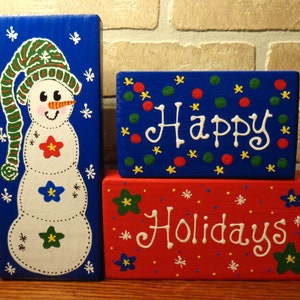 Happy Holidays 3 pc. Christmas WOOD BLOCK SET Snowman Holiday Chunky Sign Rustic Snowman Hand Painted Wood Wooden Decor Shelf Sitter