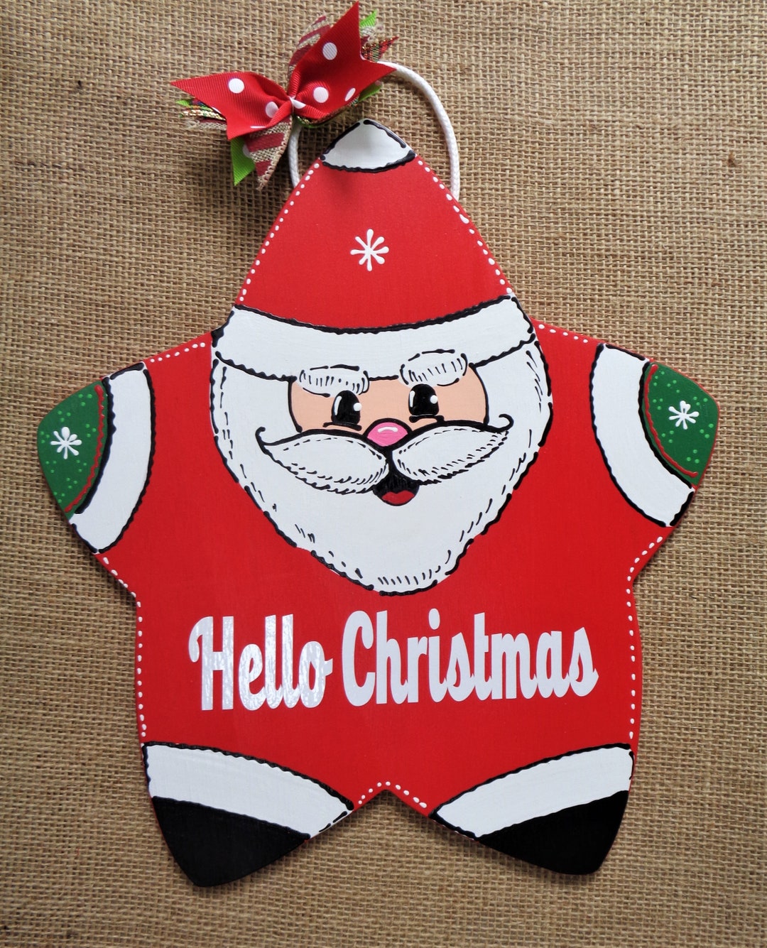 HELLO CHRISTMAS Santa Claus Star Shaped Sign Door Plaque Holiday Decor ...