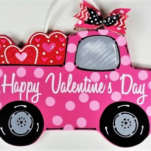 Happy Valentine's Day VINTAGE TRUCK Sign w/Polka Dots  Wall Door Hanger Hanging Wall Art Plaque Handcrafted Hand Painted Country Wood Craft