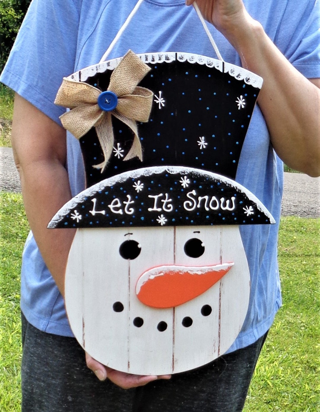 17" Let It Snow SNOWMAN SIGN Grooved Wood Hanging Hanger Plaque Winter ...