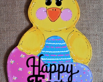 HAPPY EASTER CHICK w/Eggs Wall Art Door Sign Hanger Hanging Plaque Seasonal Spring Holiday Handcrafted Hand Painted Wood Wooden  Door Hanger