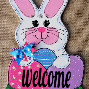 WELCOME RABBIT Wall Door Sign Hanger Hanging Bunny Easter Plaque Seasonal Spring Holiday Handcrafted Hand Painted Wood Wooden  Door Hanger