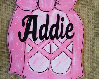 Personalized Ballet Slippers Door Hanger: Hand-Painted Pink Wood