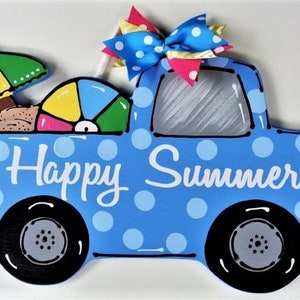 HAPPY SUMMER Blue w/Light Blue Polka Dots TRUCK Wall Art Door Hanger Plaque Handcrafted Hand Painted Seasonal Craft Wood Wooden