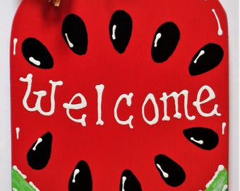 Watermelon MASON JAR Welcome SIGN Door Plaque Porch Deck Pool Patio Wall Mesh Wreath Accent Handcrafted Hand Painted Wreath Embellishment