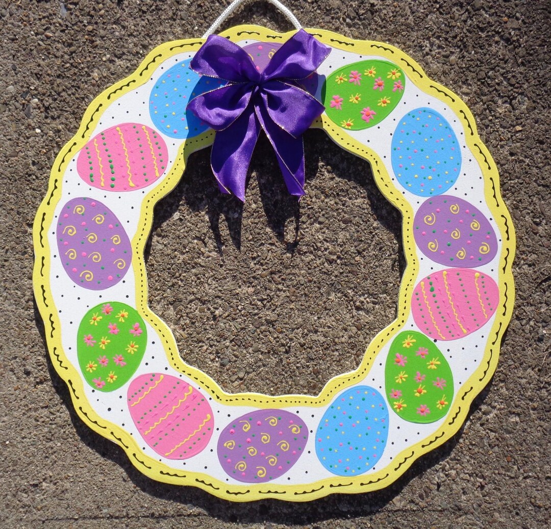 Easter Egg Wreath Shaped 17.5" Door Sign Hand Painted Eggs Personalized ...