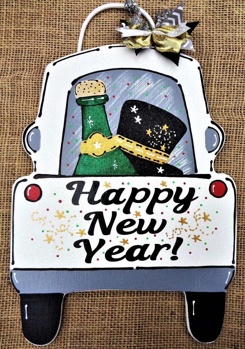 Holographic Glitter Happy New Year Truck Sign Wall Art