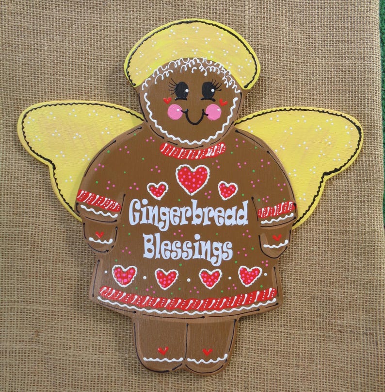 Gingerbread Blessings Angel Sign Plaque Door Hanger Winter Christmas ...