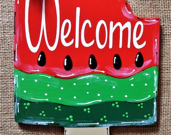 Welcome POPSICLE Watermelon SIGN Wall Art Door Hanger Plaque Pool Backyard Porch Deck Patio Hand Painted Handcrafted Wood Seasonal Summer