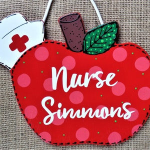 Personalized Apple NURSE SIGN Wall Art Door Hanger Plaque Wood Crafts Handcrafted Hand Painted Wood Wooden School Medical Nursing Staff