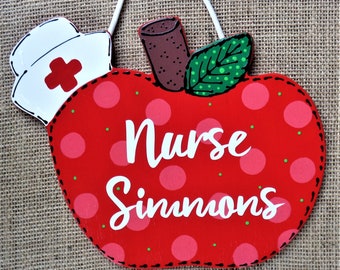Personalized Apple NURSE SIGN Wall Art Door Hanger Plaque Wood Crafts Handcrafted Hand Painted Wood Wooden School Medical Nursing Staff