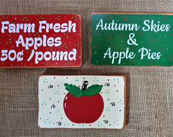 3 PIECE SET Tiered Tray MINI Apple Block Signs Handcrafted Hand Painted Wood Wooden Winter Shelf Sitter Vignette Setting Plaques