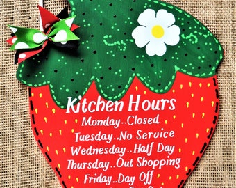 STRAWBERRY Kitchen Hours SIGN Wall Hanger Hanging Plaque Decor Handcrafted Hand Painted Country Wood Crafts Wood Wooden