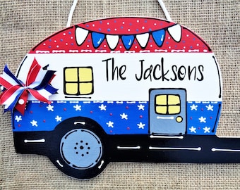 Americana PERSONALIZED CAMPER Name Camp SIGN Camping Plaque Campsite Outdoor Wall Camp Decor Wood Wooden Door Hanger