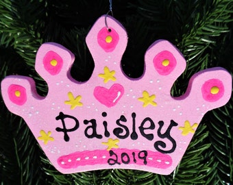 Glittered Personalized PRINCESS CROWN Christmas ORNAMENT U Choose Name & Year Kids Girls Children Handcrafted Handpainted Wood Wooden