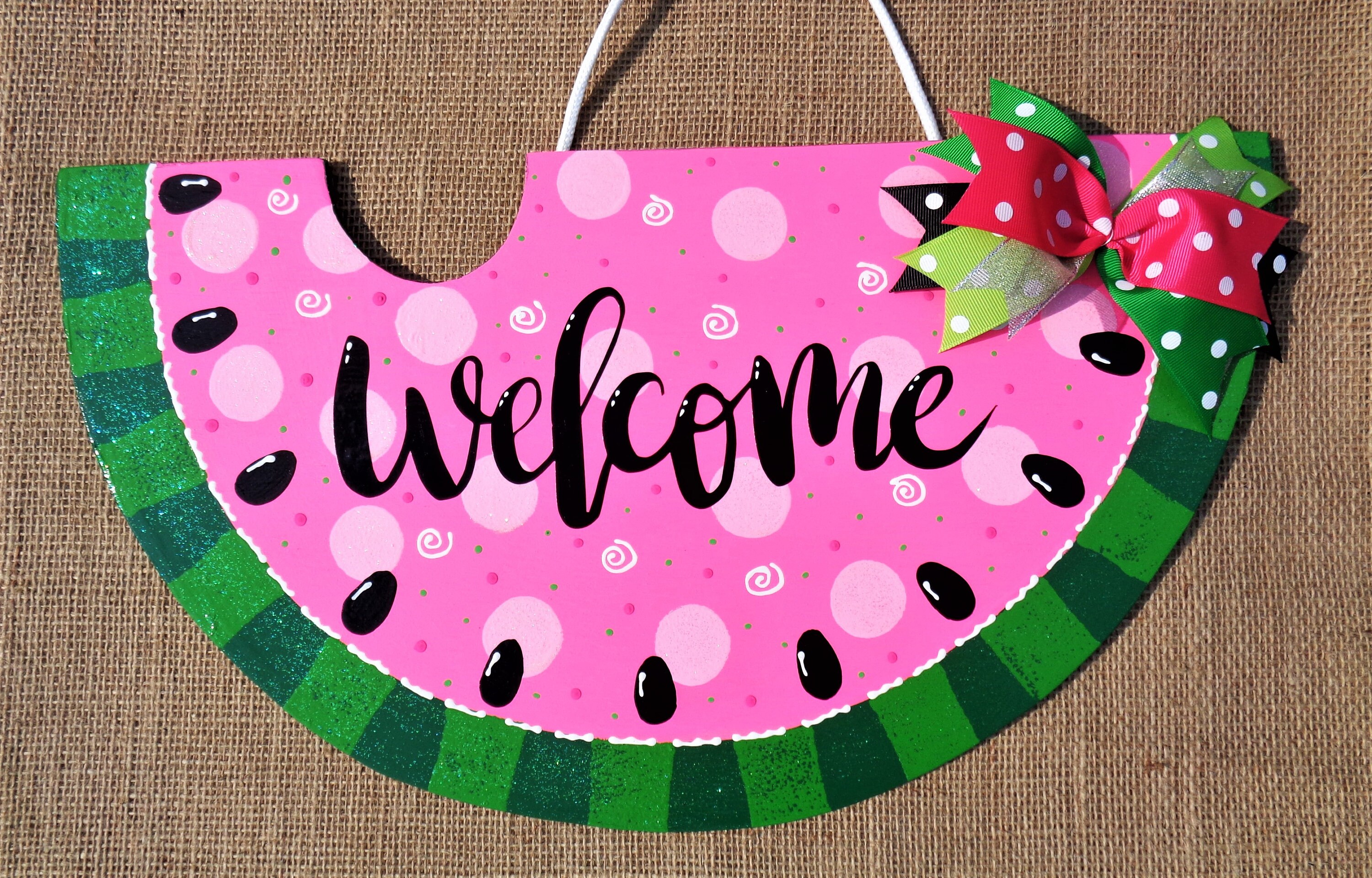 WELCOME GLITTERED Pink Watermelon SIGN Wall Art Door Hanger Plaque ...