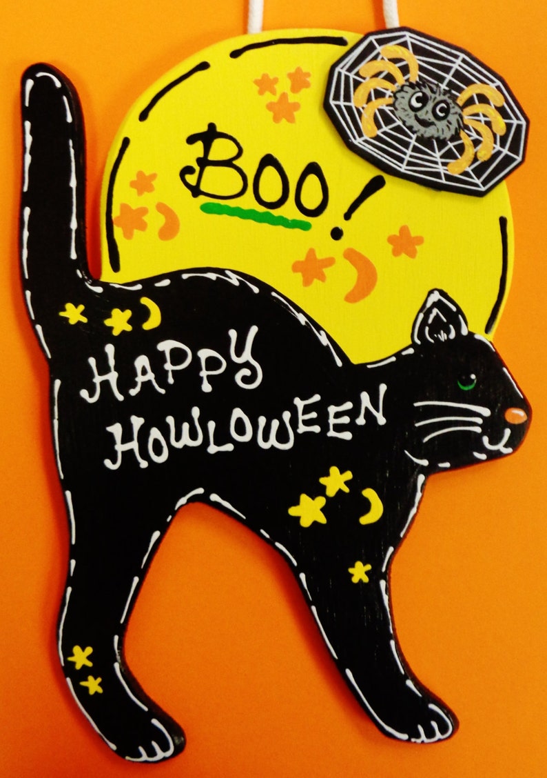 BOO Happy Howloween BLACK CAT Moon Halloween Sign Plaque Wall Decor Room Door Hanger Autumn Fall Wood Wooden Door Hanger image 1