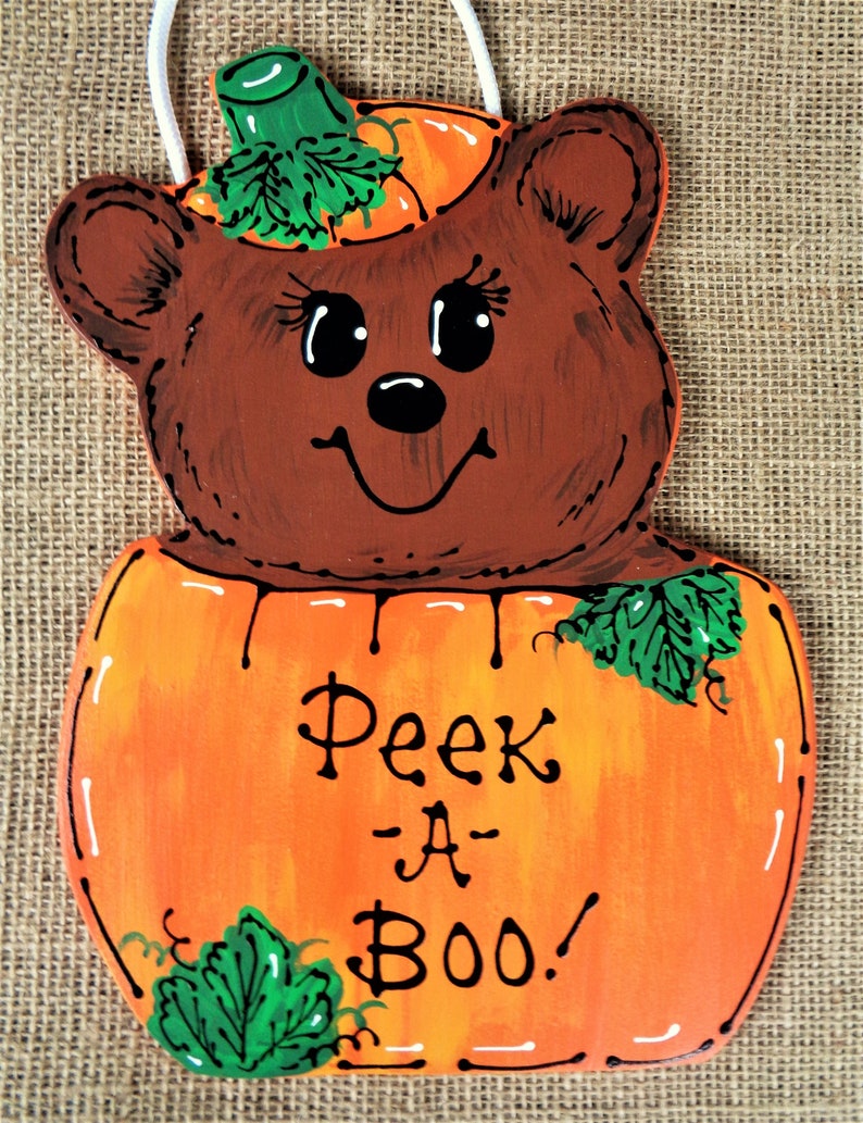 Adorable PEEK-A-BOO Bear Sign Halloween Holiday Fall Autumn Decor Plaque Wood Wooden Door Hanger image 1