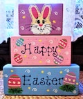 Distressed 3 Pc. Happy Easter WOOD BLOCK Shelf Sitter SET Country Primitive Seasonal Sign Rabbit Bunny Handcrafted Hand Painted Wooden
