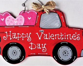 Happy Valentine's Day VINTAGE STYLE TRUCK Sign Wall Door Hanger Hanging Wall Art Plaque Handcrafted Hand Painted Country Wood Craft