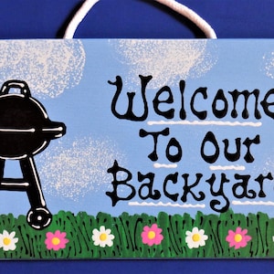 Welcome To Our BACKYARD BBQ SIGN Wall Art Plaque Summer Pool Deck Patio Decor Handcrafted Hand Painted Wood Wooden Door Hanger