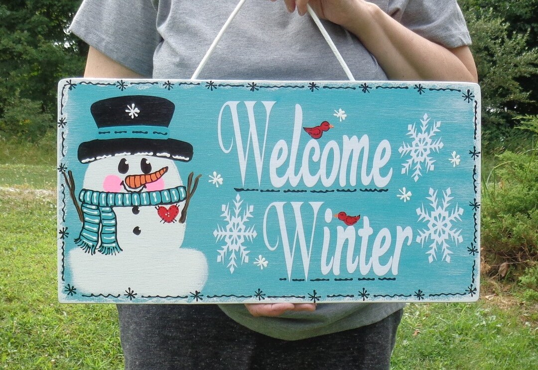 SNOWMAN Welcome Winter SIGN Wall Hanger Hanging Door Plaque Seasonal ...