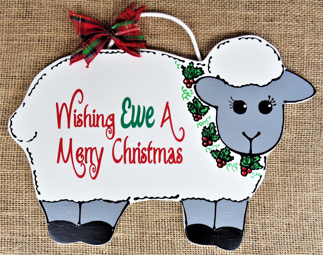 Wishing EWE A Merry Christmas SIGN, Sheep Lamb, Winter Holiday. Wreath ...