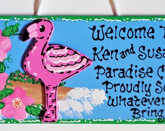 PARADISE CLUB Personalized Name FLAMINGO Sign Tropical Pool Tiki Bar Patio Deck Wood Wooden Door Hanger