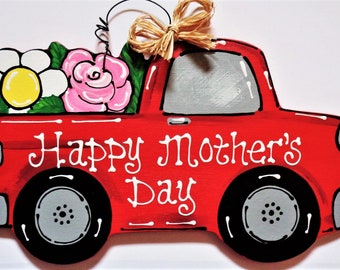 HAPPY MOTHERS DAY Vintage Style Red Truck Sign Wall Art Door Hanger Plaque Decor Handcrafted Hand Painted Country Wood Crafts Wood Wooden